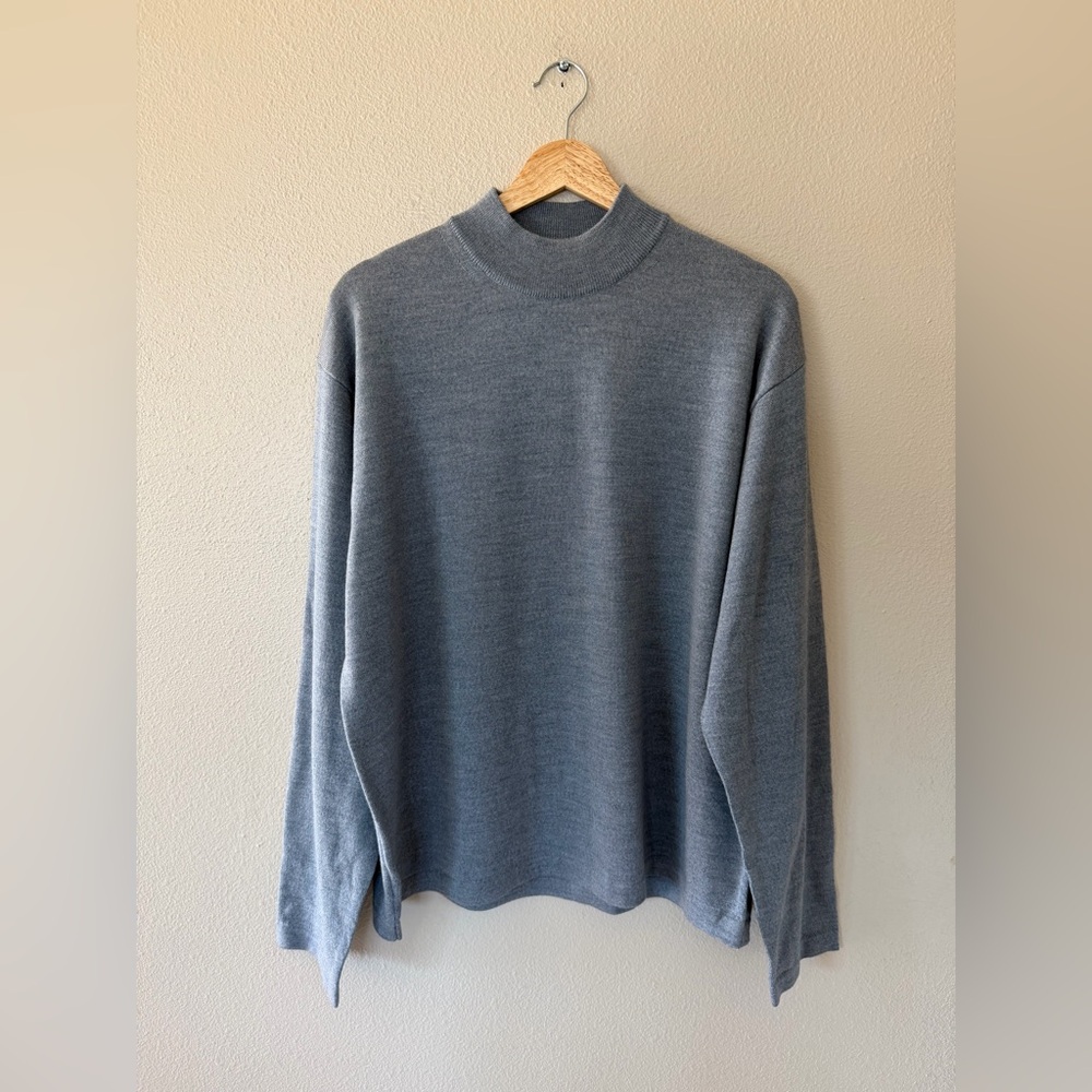 BOSS Hugo Boss 100% Merino Wool Knit Gray Blue Mockneck Sweater Men’s 54 XXL